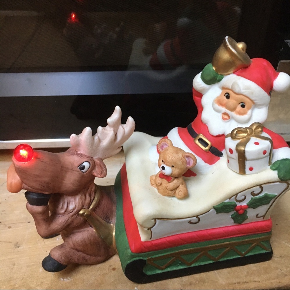 Vintage light up and musical Rudolph and Santa in a sleigh, by Lund’s Lites